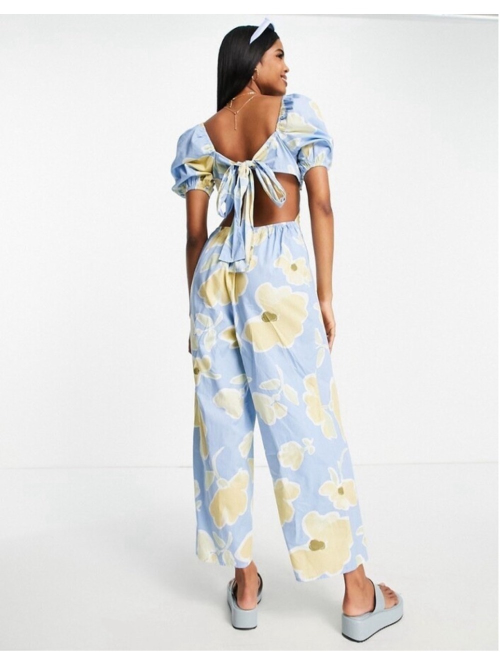 ASOS DESIGN Scallop Neck Jumpsuit with Puff Sleeves in Bold Floral Print 14